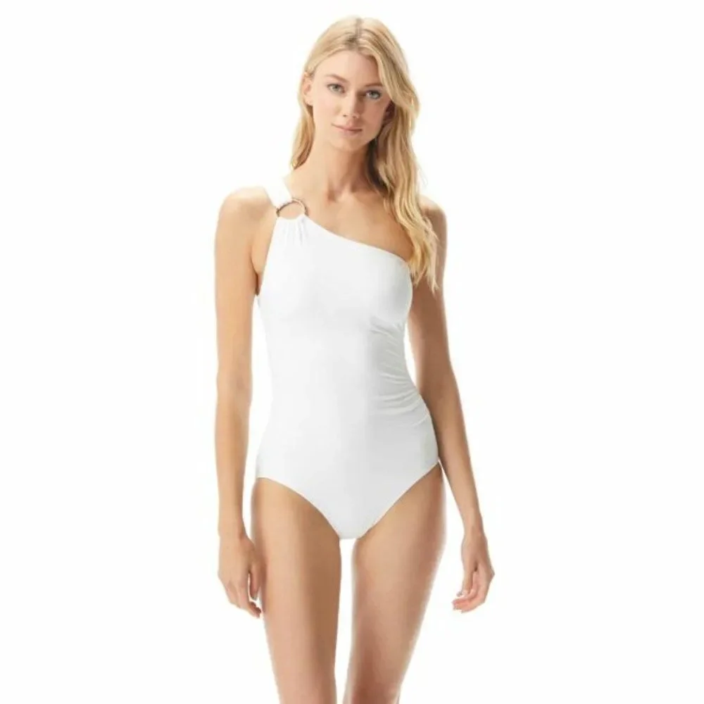 Michael Kors WHITE Iconic gold ring Solids One Shoulder One-Piece Swimsu…